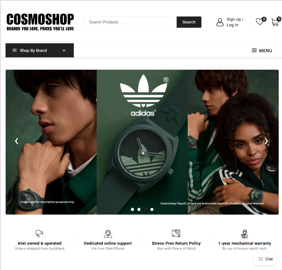 Cosmoshop homepage showing its navigation and a Citizen watch campaign.