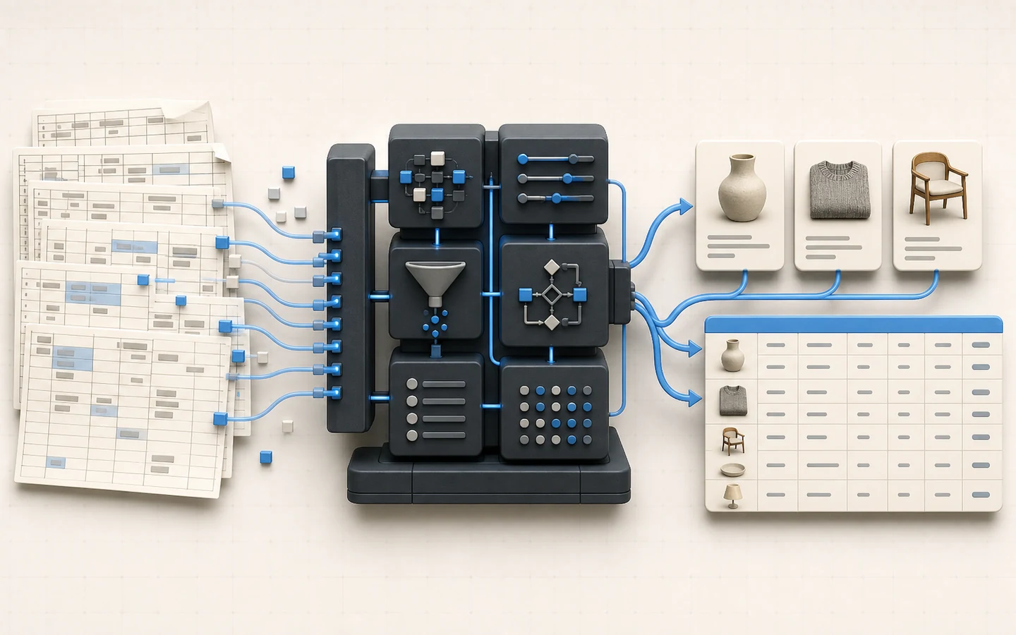 Supplier spreadsheet data flowing through a schema transformation engine into organized e-commerce product records.
