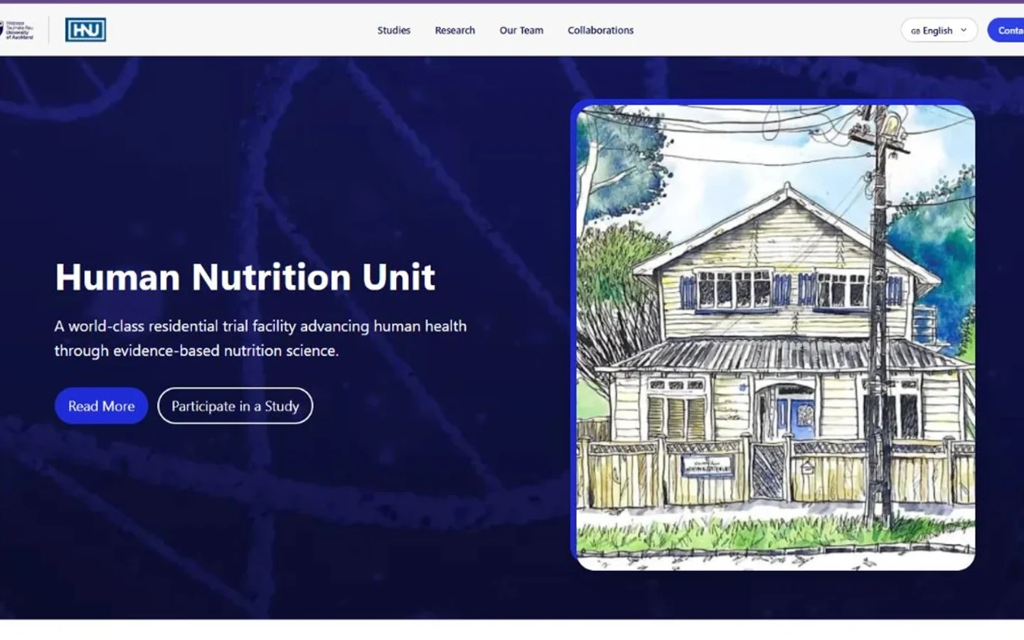 Homepage of the Human Nutrition Unit website showing the Auckland research facility.