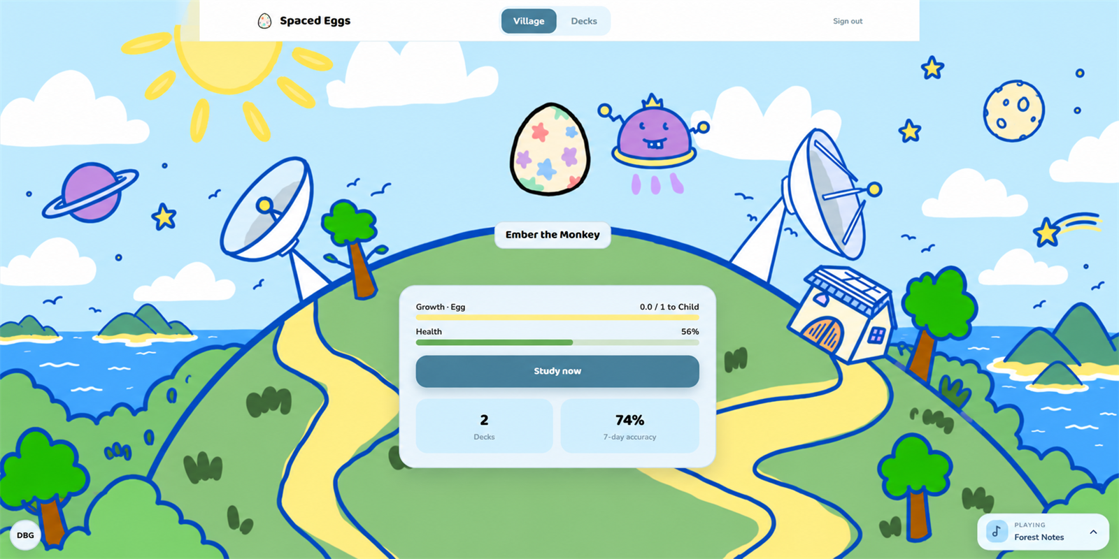 Spaced Eggs learning platform showing a virtual egg companion, study progress, deck count, and accuracy statistics.
