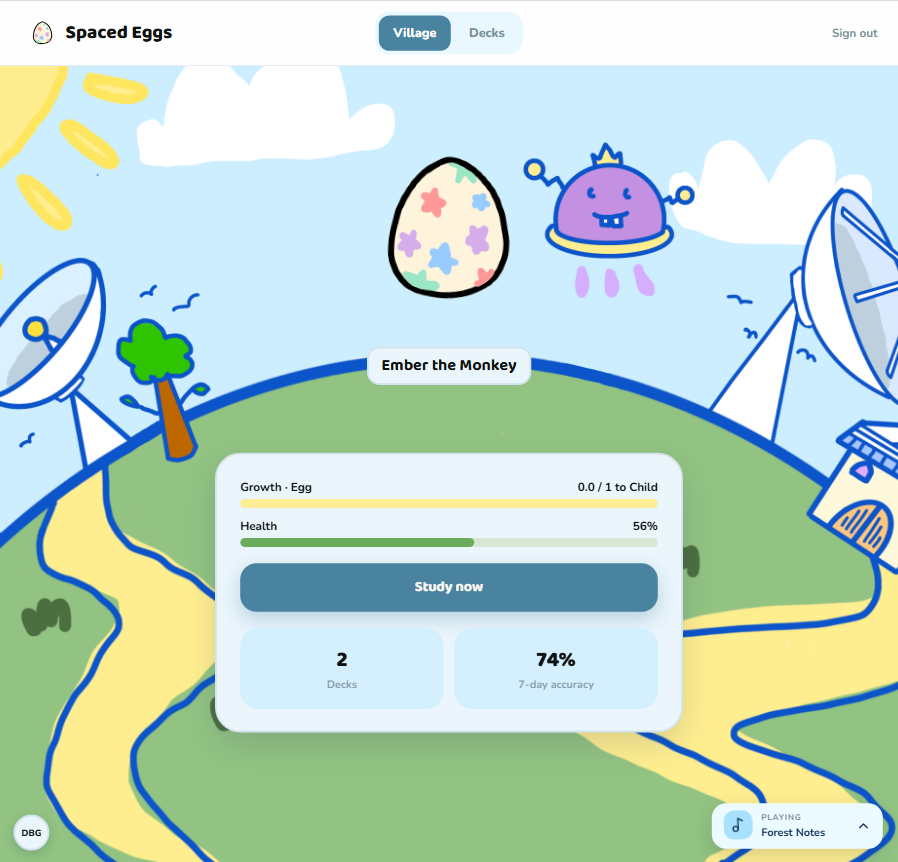 Spaced Eggs learning platform showing a virtual egg companion, study progress, deck count, and accuracy statistics.